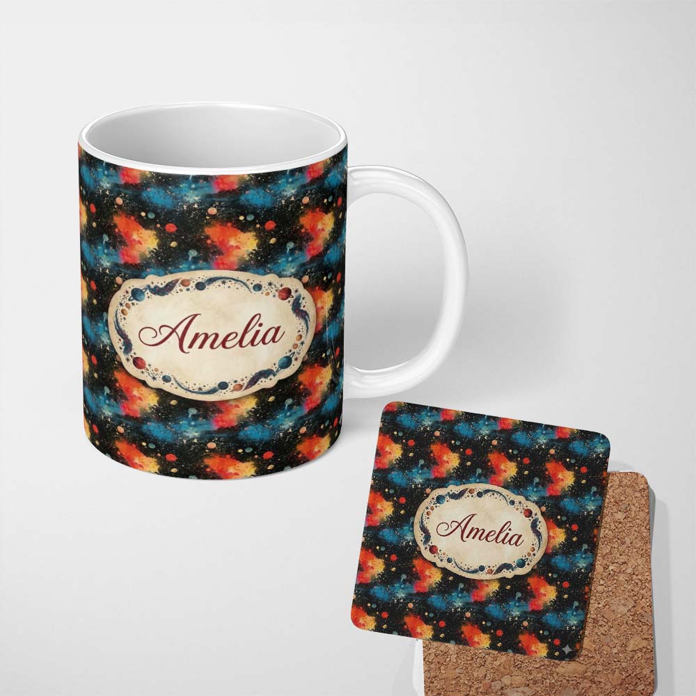 Personalized Custom Name Abstract Cosmic Paint Splash Orange Blue Space Seamless Pattern Dark 11oz Ceramic Coffee Tea Mug White Large Handle