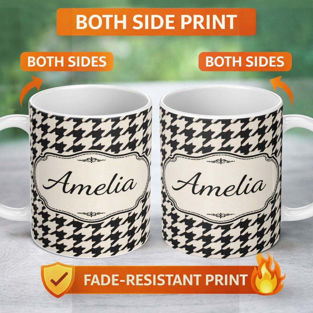 Personalized Custom Name Classic Houndstooth Black Cream Timeless Pattern Cute Unique Gift 11oz Ceramic Coffee Tea Mug White Large Handle