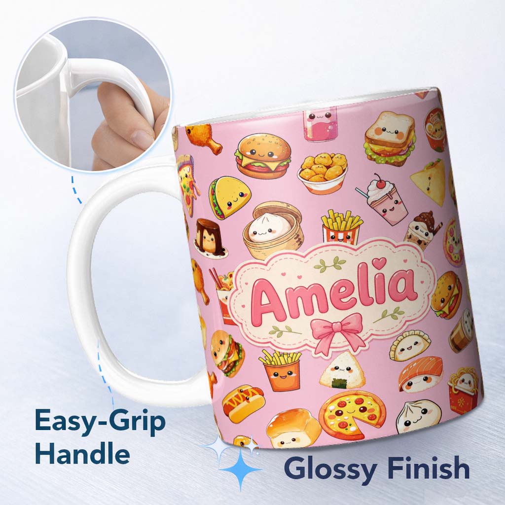 Personalized Custom Name Kawaii Fast Food Burger Sushi Taco Pizza Blush Pink Seamless 11oz Ceramic Coffee Tea Mug White Large Handle