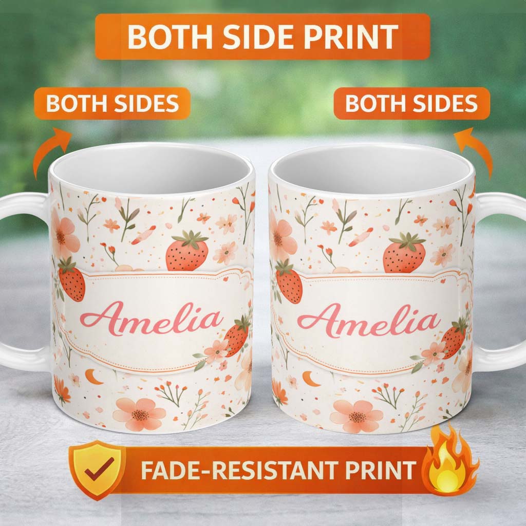 Personalized Custom Name Strawberry and Floral Cute Summer Pattern Charming Kitchen Decor 11oz Ceramic Coffee Tea Mug White Large Handle
