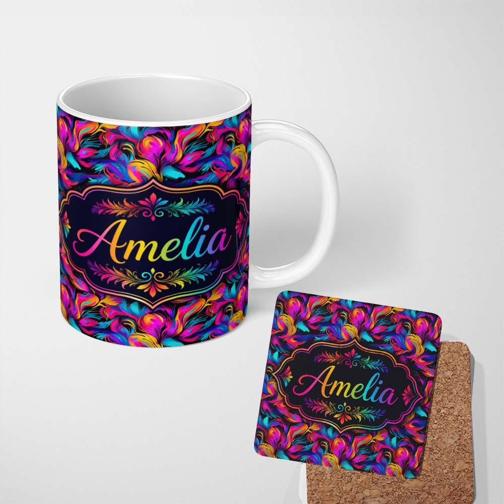 Personalized Custom Name Abstract Fluid Paint Swirl Neon Colors on Dark Background Seamless 11oz Ceramic Coffee Tea Mug White Large Handle