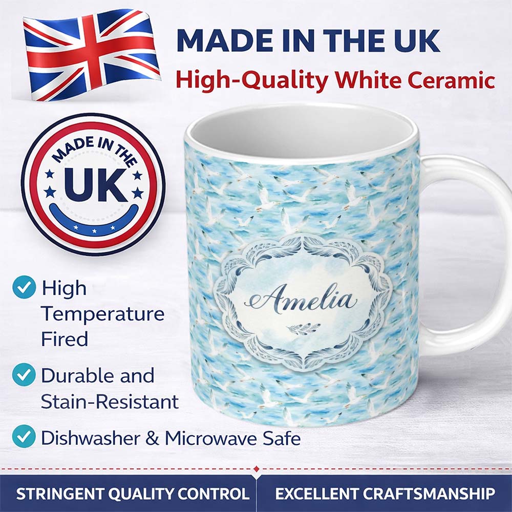 Personalized Custom Name Watercolor Seagulls Flying Over Ocean Waves Seamless Pattern Lovely 11oz Ceramic Coffee Tea Mug White Large Handle