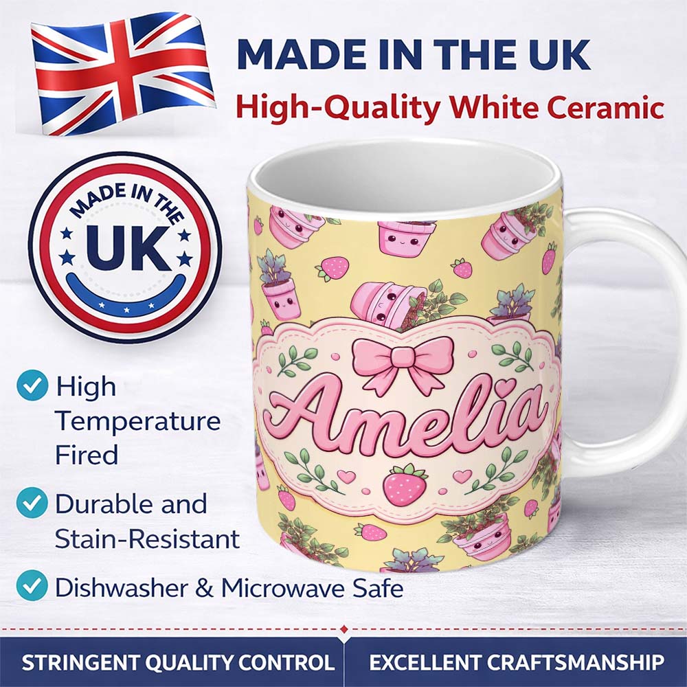 Personalized Custom Name Cute Pink Plant Pots Leaves Strawberry Seamless Pattern Yellow 11oz Ceramic Coffee Tea Mug White Large Handle