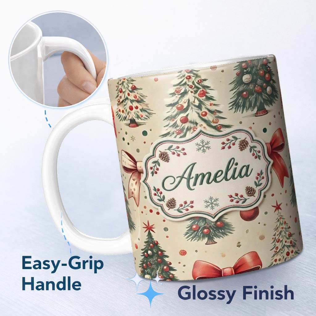 Personalized Custom Name Vintage Christmas Trees with Red Bows Ornaments and Snowflakes 11oz Ceramic Coffee Tea Mug White Large Handle