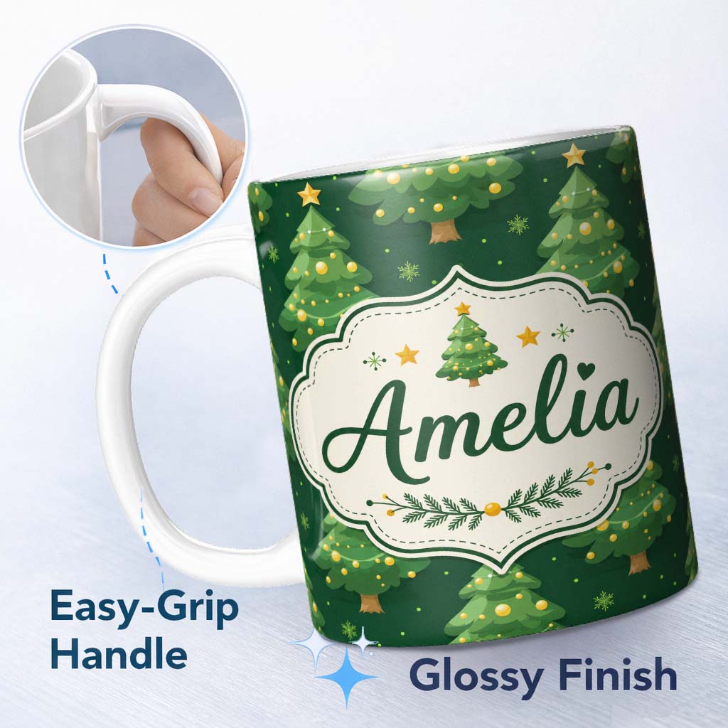 Personalized Custom Name Cute Green Christmas Trees Golden Ornaments Seamless Pattern Lovely 11oz Ceramic Coffee Tea Mug White Large Handle