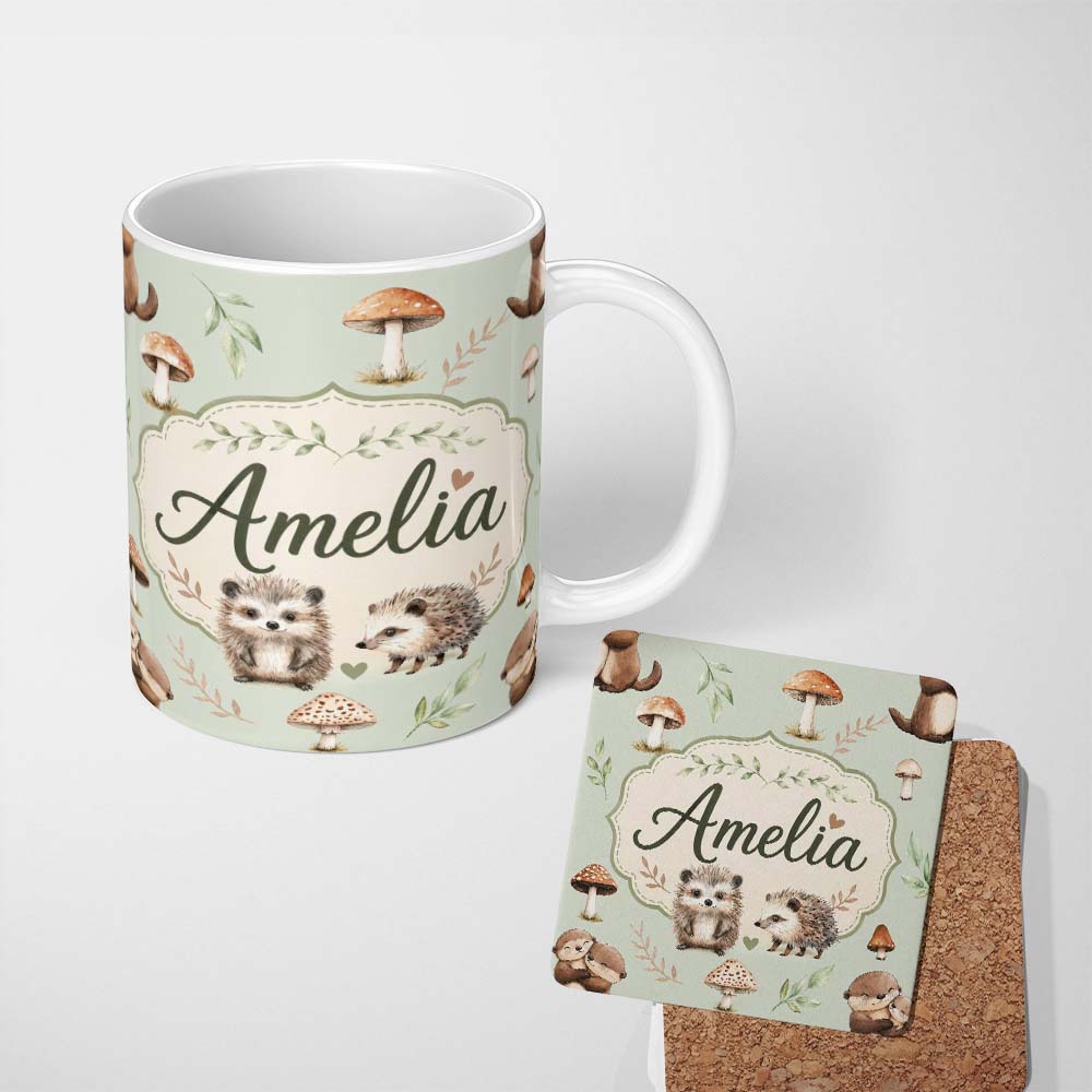 Personalized Custom Name Cute Woodland Hedgehog Mushrooms Leaves Seamless Pattern Dusty Pink 11oz Ceramic Coffee Tea Mug White Large Handle