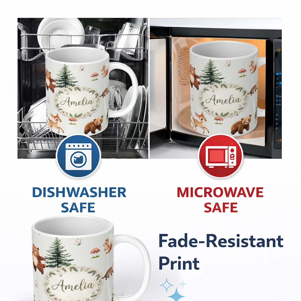 Personalized Custom Name Bear Bunny Squirrel Trees Mushrooms Butterfly Soft Neutral Seamless 11oz Ceramic Coffee Tea Mug White Large Handle