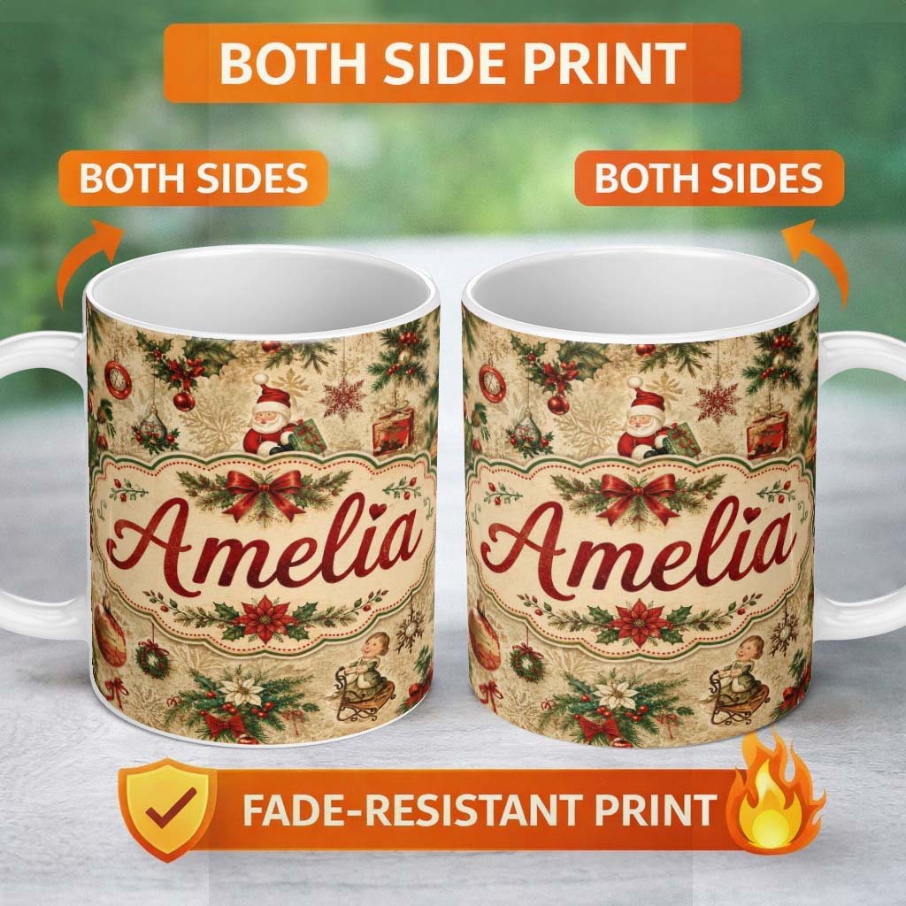 Personalized Custom Name Classic Christmas Santa Gift Holly Snowflake Seamless Pattern Lovely 11oz Ceramic Coffee Tea Mug White Large Handle
