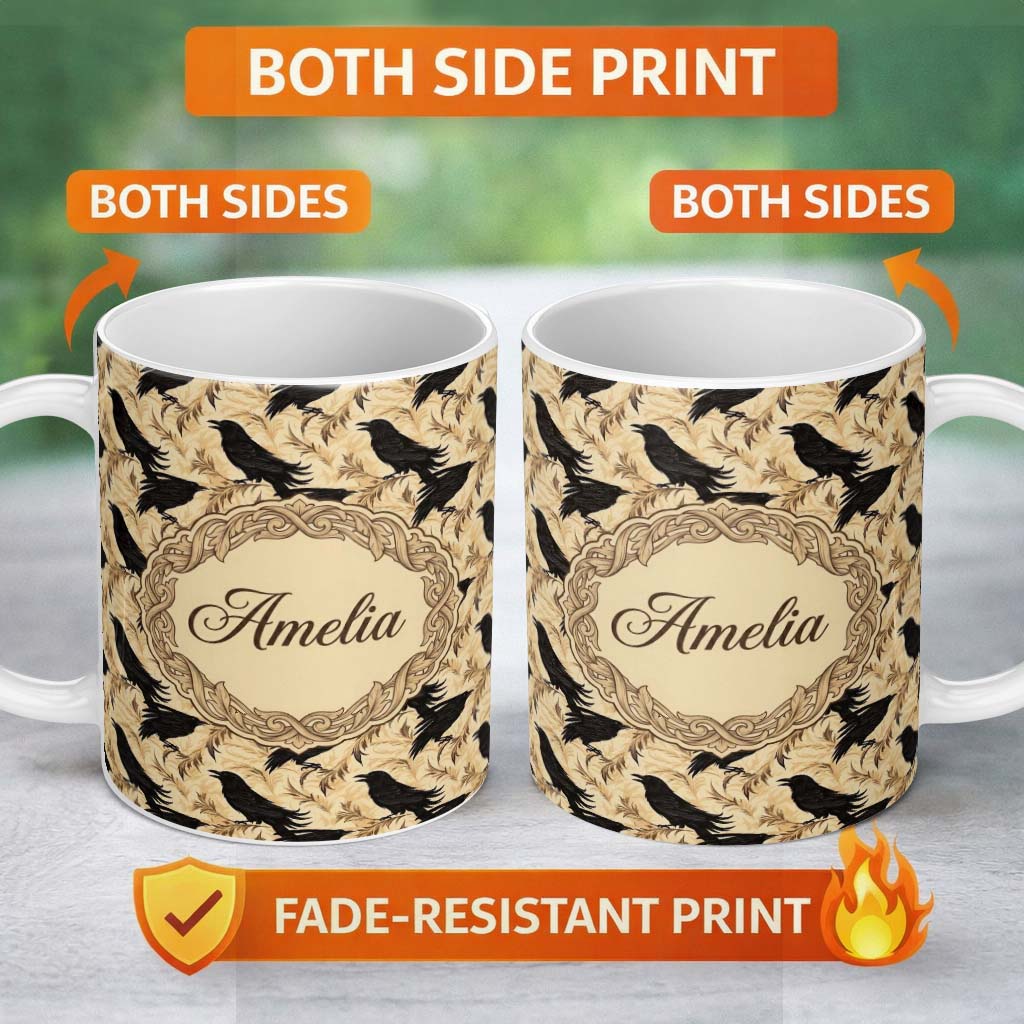Personalized Custom Name Gothic Raven Seamless Pattern on Beige Vintage Floral Background 11oz Ceramic Coffee Tea Mug White Large Handle