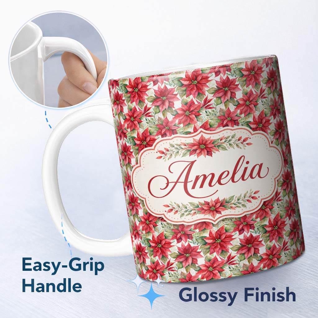 Personalized Custom Name Elegant Poinsettia and Foliage Christmas Seamless Pattern Lovely 11oz Ceramic Coffee Tea Mug White Large Handle
