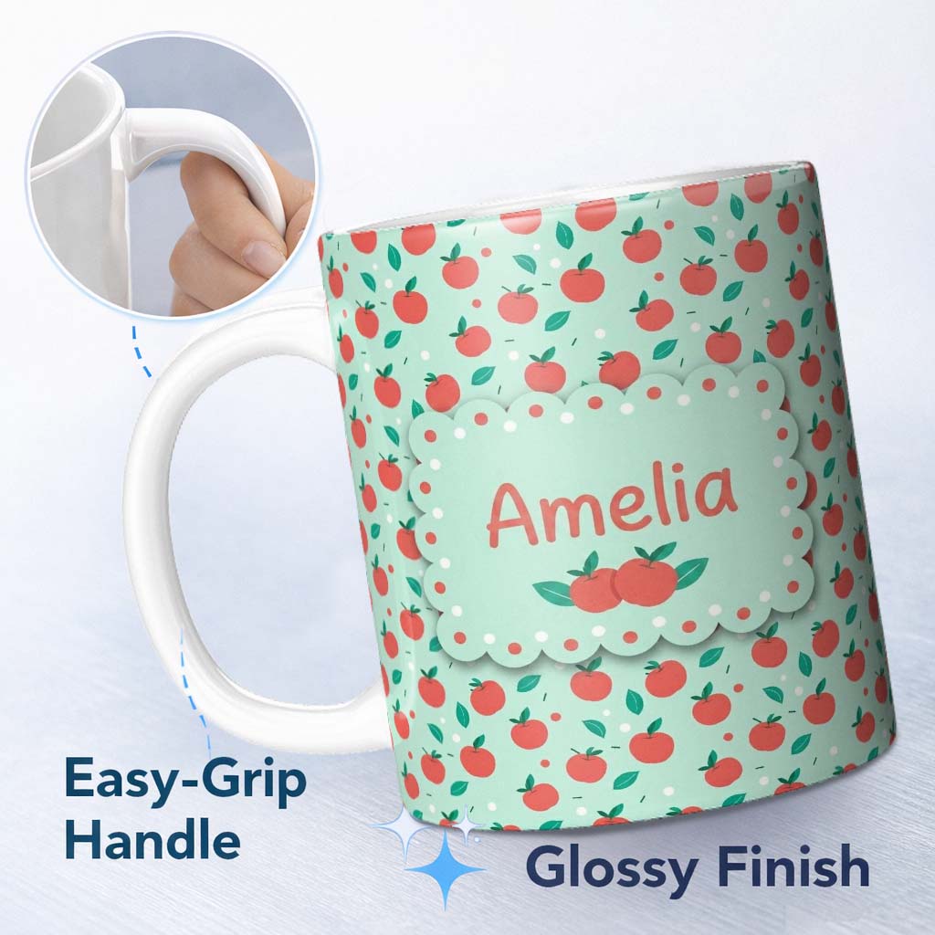 Personalized Custom Name Modern Red Apples with Leaves on Mint Background Seamless Pattern 11oz Ceramic Coffee Tea Mug White Large Handle