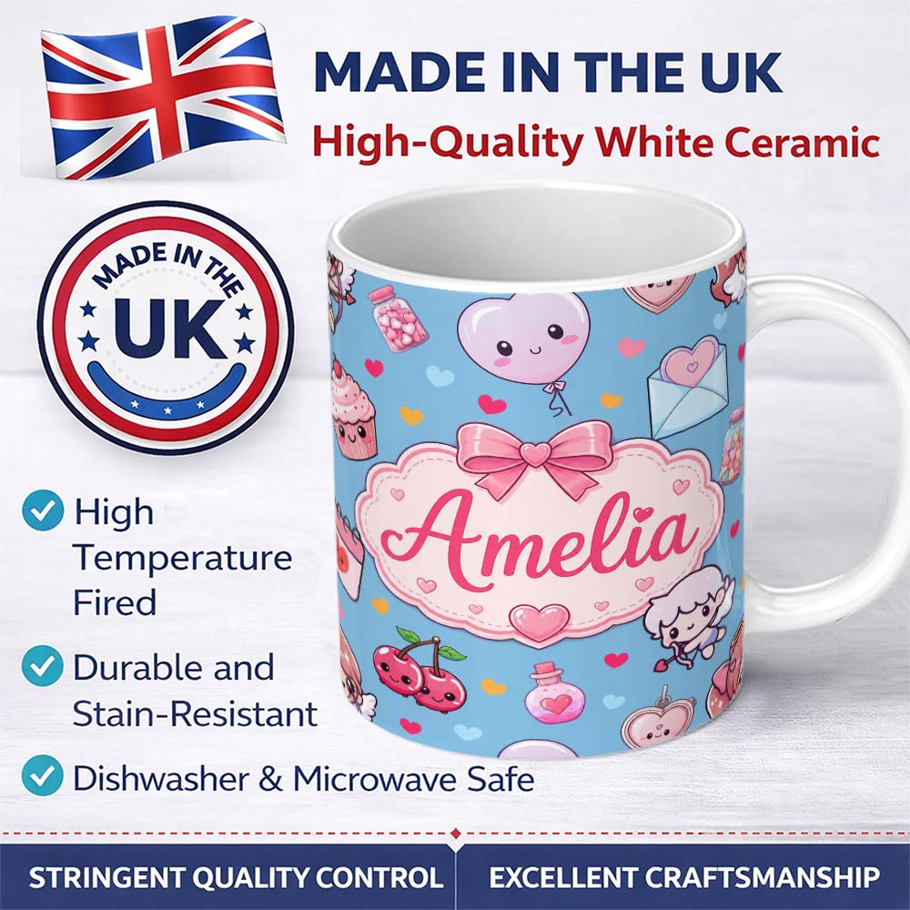 Personalized Custom Name Cute Cupid Angels Hearts Sweets Balloon Love Elements Pattern Blue 11oz Ceramic Coffee Tea Mug White Large Handle