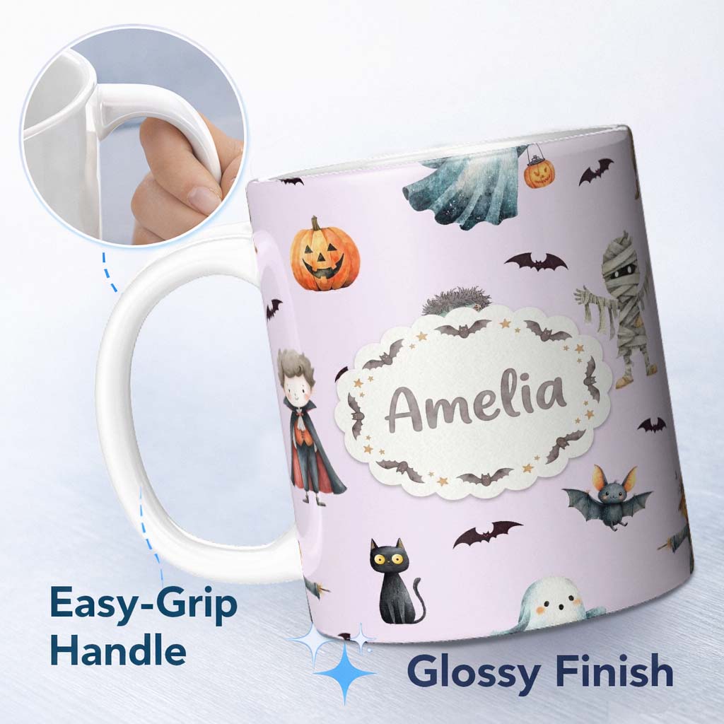 Personalized Custom Name Halloween Zombie Mummy Vampire and Bat Characters Purple Background 11oz Ceramic Coffee Tea Mug White Large Handle