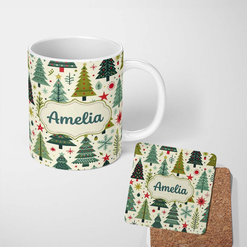 Personalized Custom Name Scandinavian Christmas Trees with Stars Snowflakes and Festive 11oz Ceramic Coffee Tea Mug White Large Handle