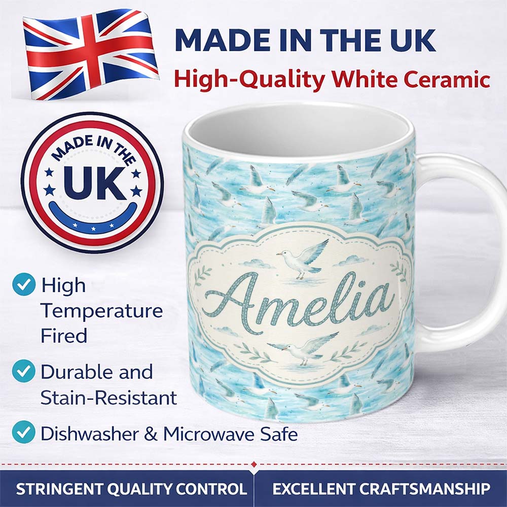Personalized Custom Name Soft Watercolor Seagulls Ocean Breeze Seamless Pattern Lovely 11oz Ceramic Coffee Tea Mug White Large Handle