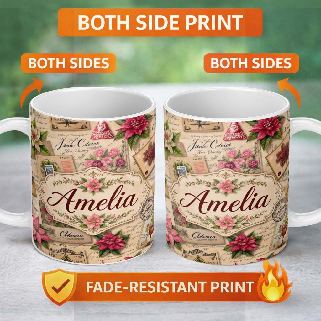 Personalized Custom Name Vintage Floral Christmas Postcards Collage Festive Holiday Design 11oz Ceramic Coffee Tea Mug White Large Handle