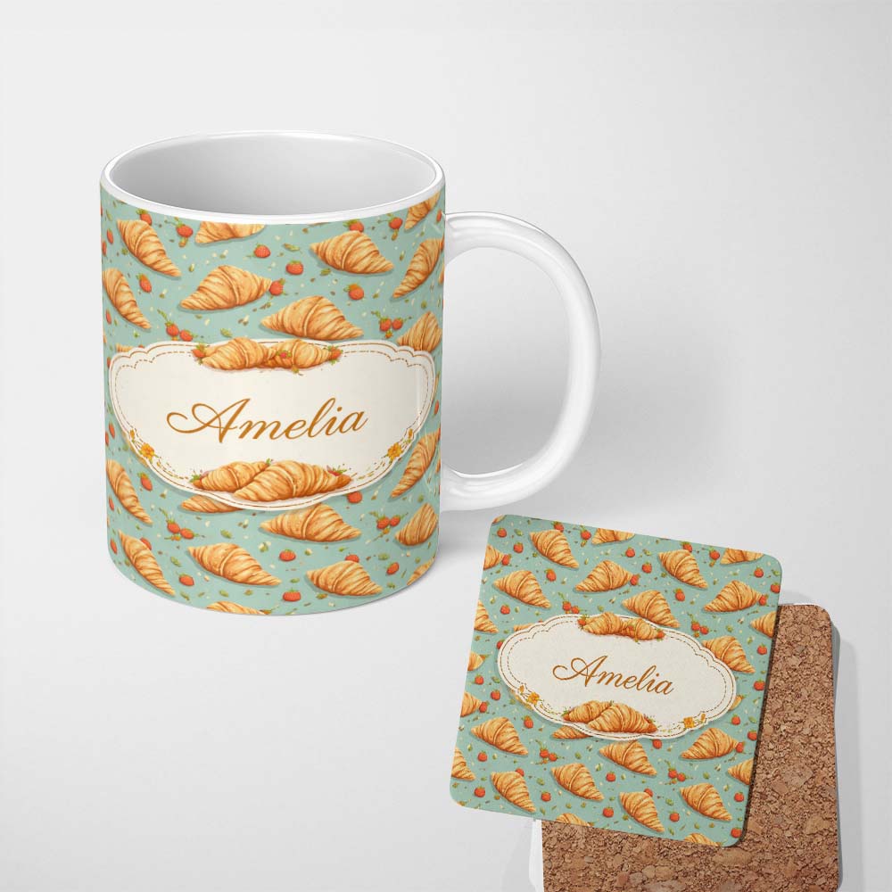 Personalized Custom Name Croissant and Strawberry Playful Teal Background Seamless Pattern 11oz Ceramic Coffee Tea Mug White Large Handle