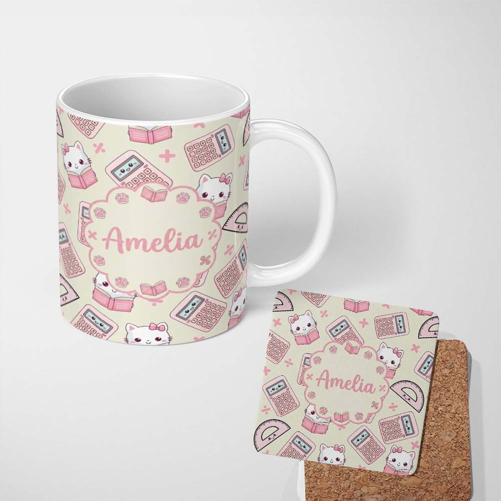 Personalized Custom Name Cute Kawaii Maths Cat Calculator Ruler Seamless Pattern Cream Lovely 11oz Ceramic Coffee Tea Mug White Large Handle