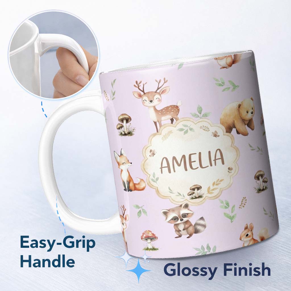 Personalized Custom Name Woodland Deer Bear Fox Owl Raccoon Leaves Mushrooms Lilac Seamless 11oz Ceramic Coffee Tea Mug White Large Handle