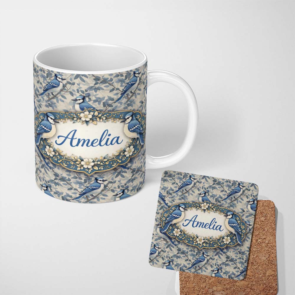 Personalized Custom Name Blue Jay Bird Neutral Botanical Leaf Classic Nature Textile Design 11oz Ceramic Coffee Tea Mug White Large Handle