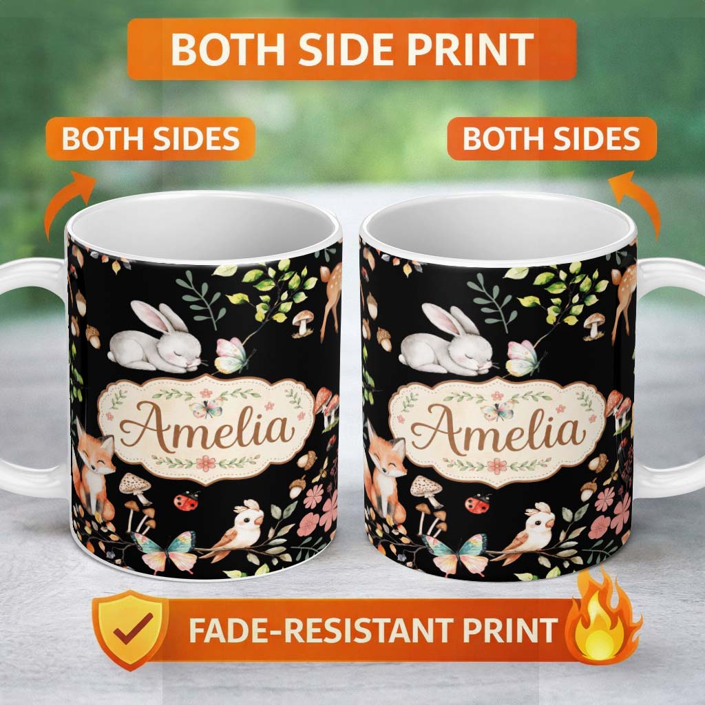 Personalized Custom Name Watercolour Woodland Animals with Bunny Fox and Butterflies Pattern 11oz Ceramic Coffee Tea Mug White Large Handle