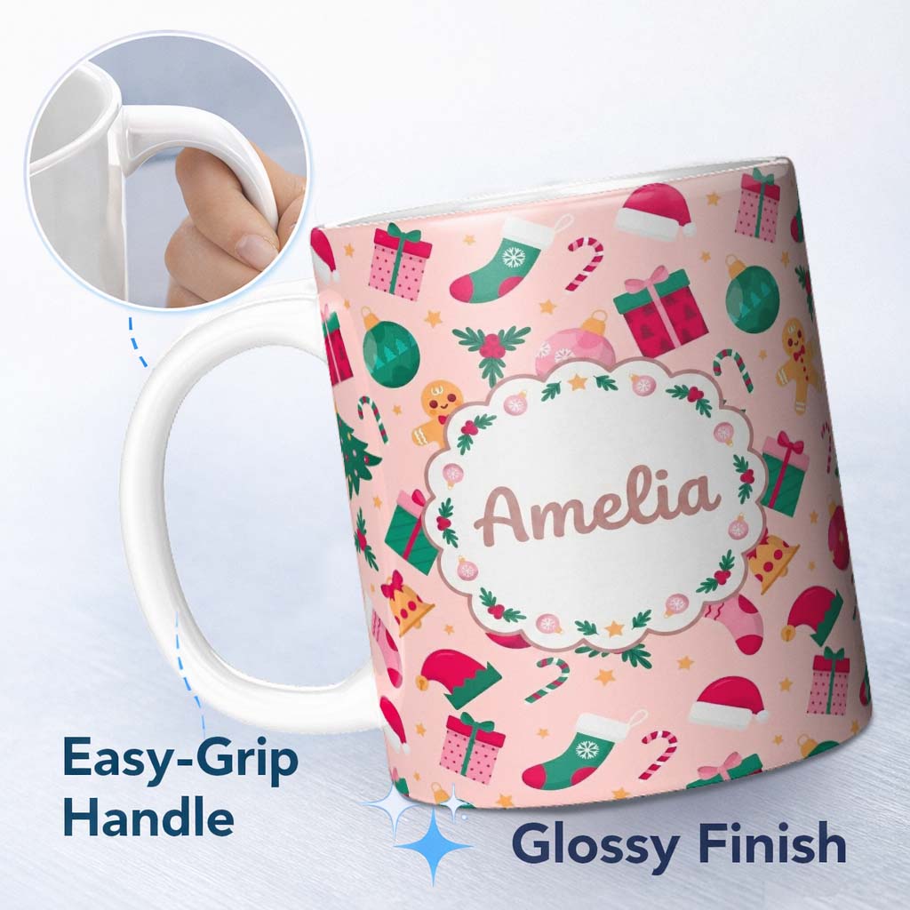 Personalized Custom Name Cute Gingerbread Candy Cane Baubles Christmas Seamless Pattern 11oz Ceramic Coffee Tea Mug White Large Handle