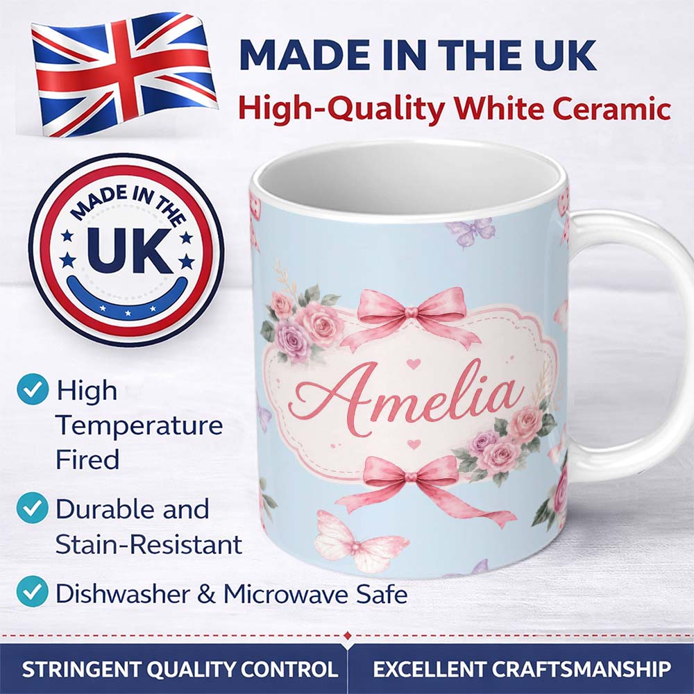 Personalized Custom Name Elegant Watercolor Rose Bouquet Ribbon Butterfly Soft Blue Lovely 11oz Ceramic Coffee Tea Mug White Large Handle
