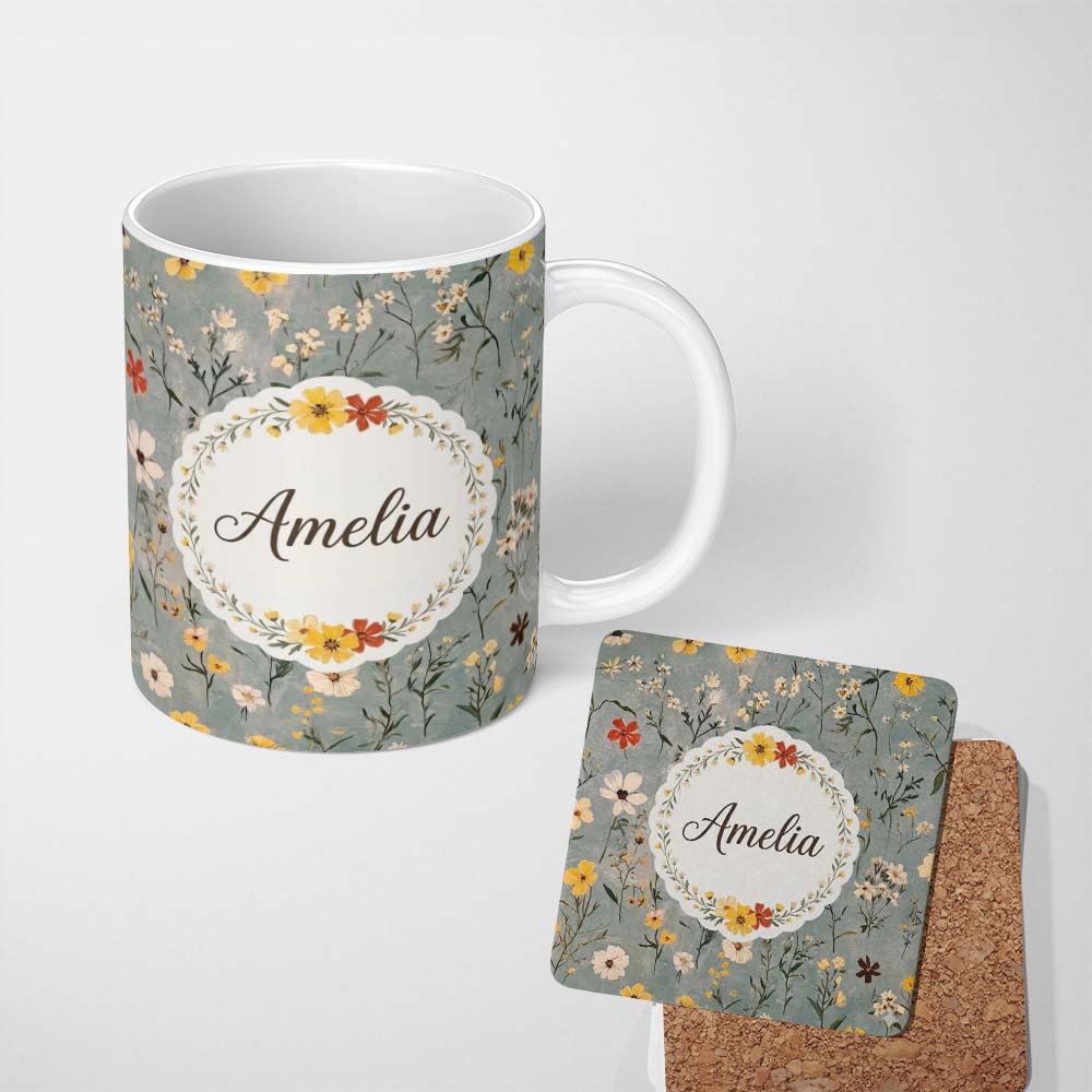 Personalized Custom Name Delicate Wildflower Botanical on Soft Blue Background Seamless 11oz Ceramic Coffee Tea Mug White Large Handle