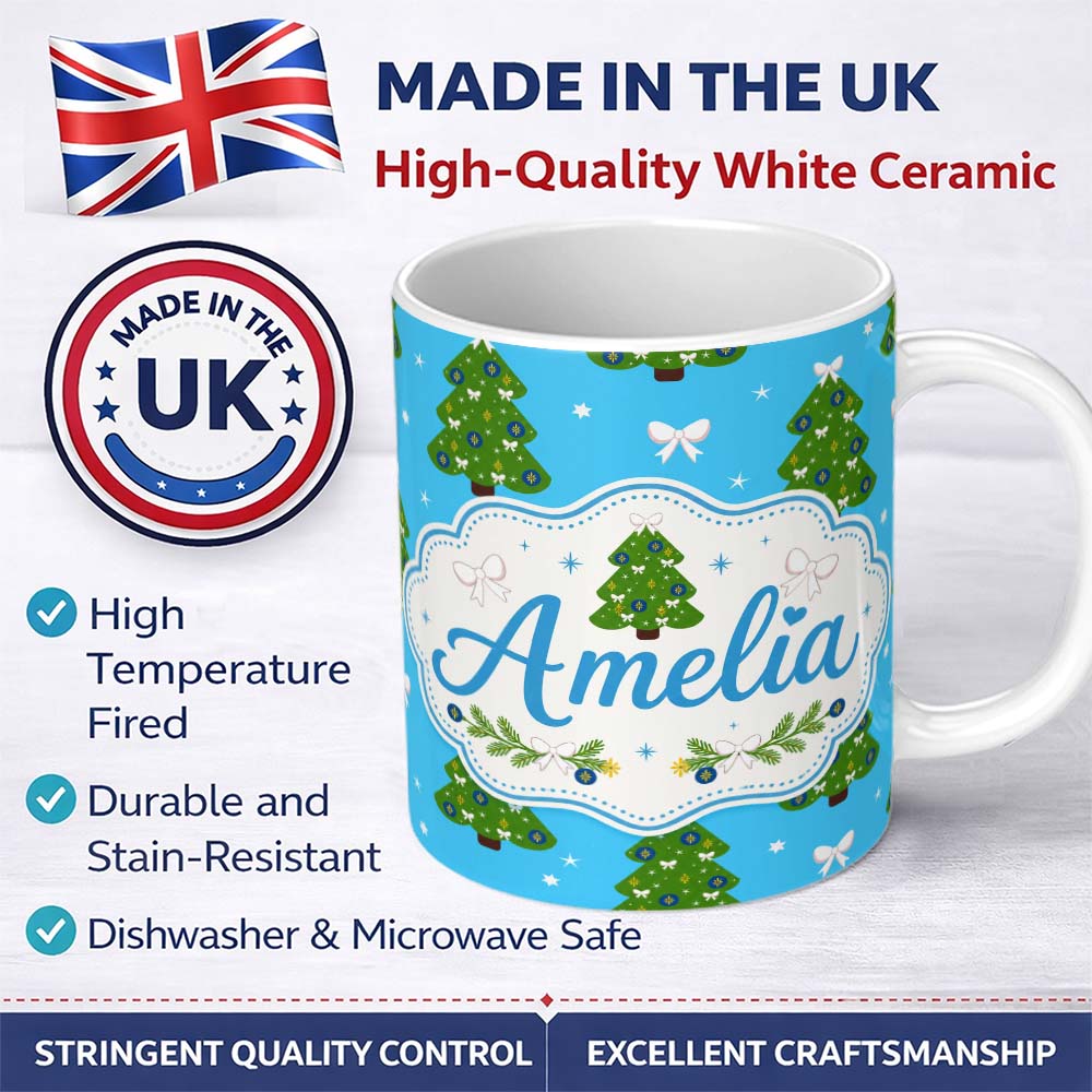 Personalized Custom Name Christmas Trees with Bows and Stars on Blue Background Cute Festive 11oz Ceramic Coffee Tea Mug White Large Handle