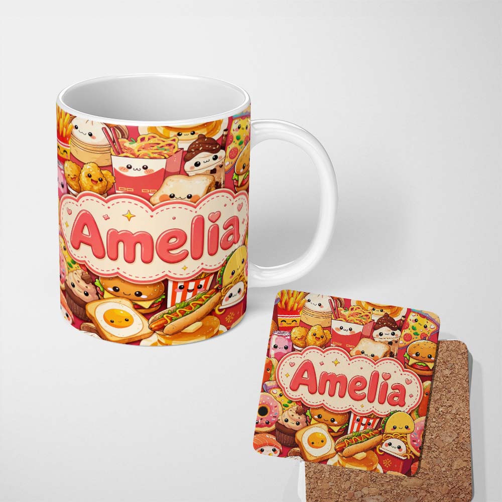 Personalized Custom Name Kawaii Fast Food Collage Burger Pizza Fries Drinks Red Seamless 11oz Ceramic Coffee Tea Mug White Large Handle