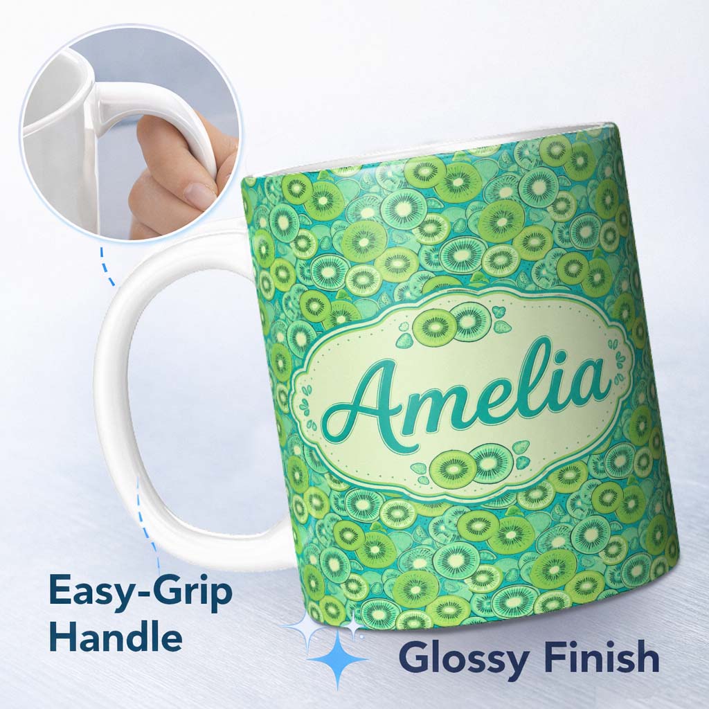 Personalized Custom Name Bold Kiwi Citrus Mix Dense Seamless Pattern on Teal Background 11oz Ceramic Coffee Tea Mug White Large Handle