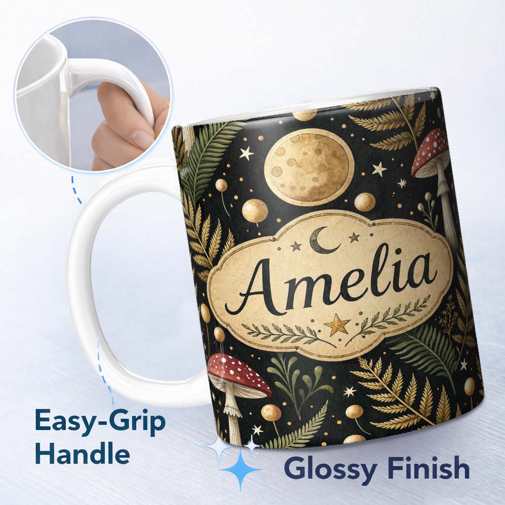Personalized Custom Name Moon Mushroom Botanical Night Garden Seamless Pattern Lovely 11oz Ceramic Coffee Tea Mug White Large Handle