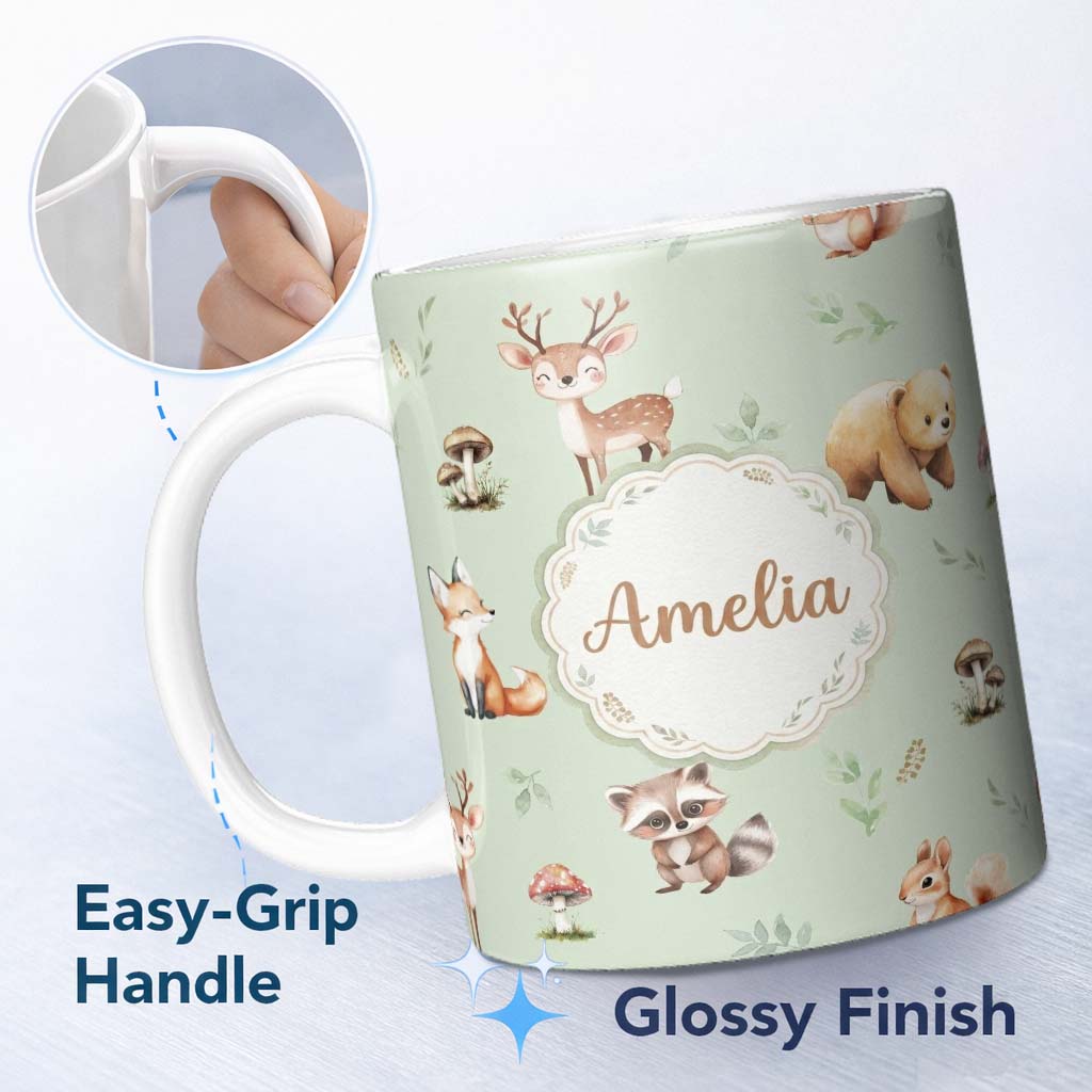 Personalized Custom Name Forest Animals Bear Deer Fox Owl Raccoon on Sage Green Seamless 11oz Ceramic Coffee Tea Mug White Large Handle
