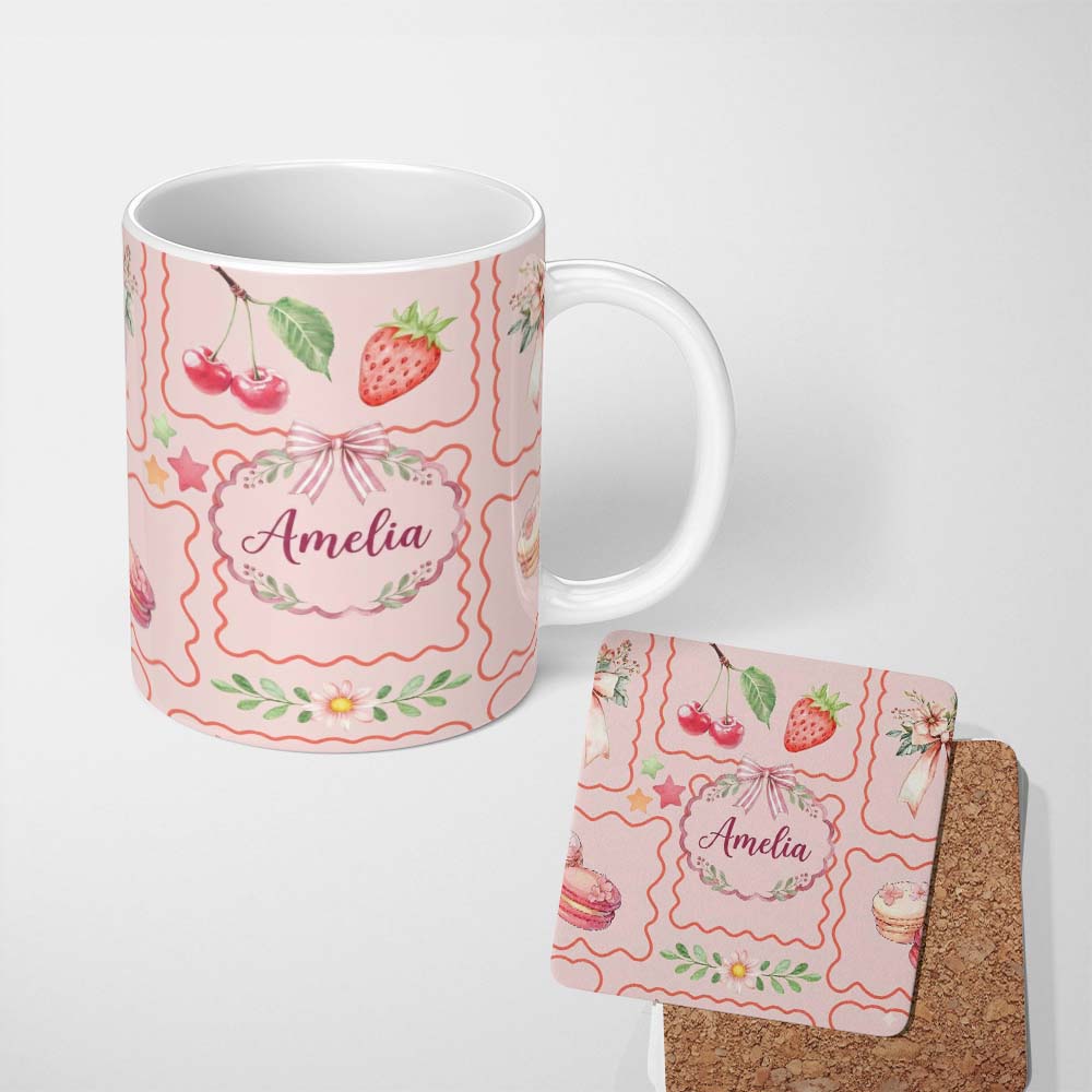 Personalized Custom Name Watercolor Cherry Strawberry Bow Macaron Dessert Frame Blush Pink 11oz Ceramic Coffee Tea Mug White Large Handle