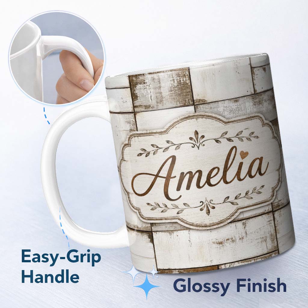 Personalized Custom Name Vintage Whitewashed Wooden Block Tile Texture Seamless Pattern 11oz Ceramic Coffee Tea Mug White Large Handle