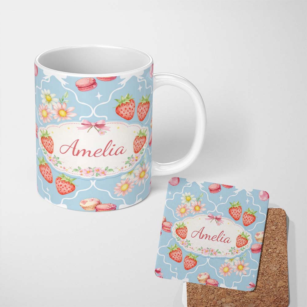 Personalized Custom Name Strawberry Cherry Daisy Seamless Pattern Blue Cute Coquette Floral 11oz Ceramic Coffee Tea Mug White Large Handle