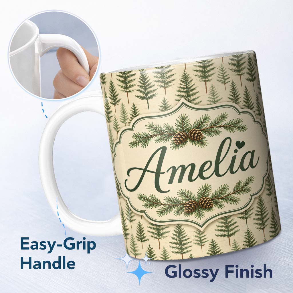 Personalized Custom Name Pine Sprig Pattern on Warm Neutral Background Thoughtful Gift Idea 11oz Ceramic Coffee Tea Mug White Large Handle