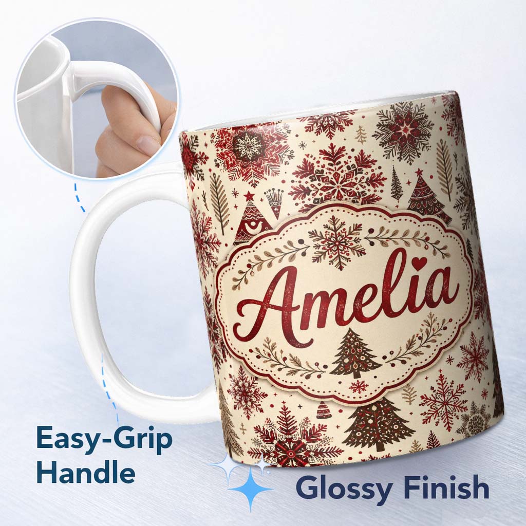 Personalized Custom Name Red Christmas Snowflake Tree Folk Art Winter Seamless Pattern Lovely 11oz Ceramic Coffee Tea Mug White Large Handle