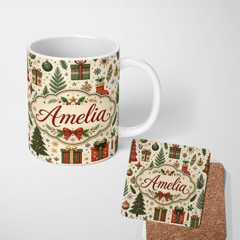 Personalized Custom Name Festive Christmas Trees Baubles Gifts Seamless Pattern Holiday 11oz Ceramic Coffee Tea Mug White Large Handle