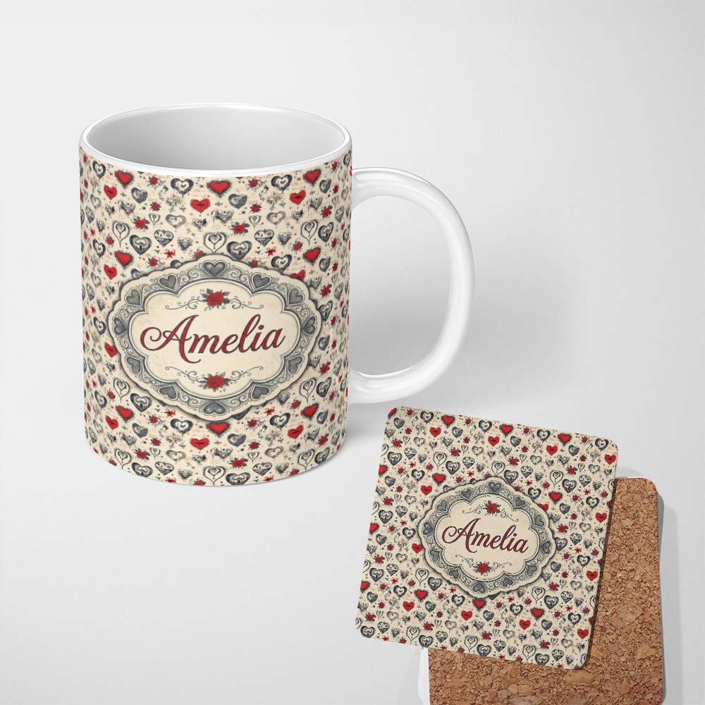 Personalized Custom Name Vintage Gothic Hearts Skulls and Roses Tattoo Style Seamless Pattern 11oz Ceramic Coffee Tea Mug White Large Handle