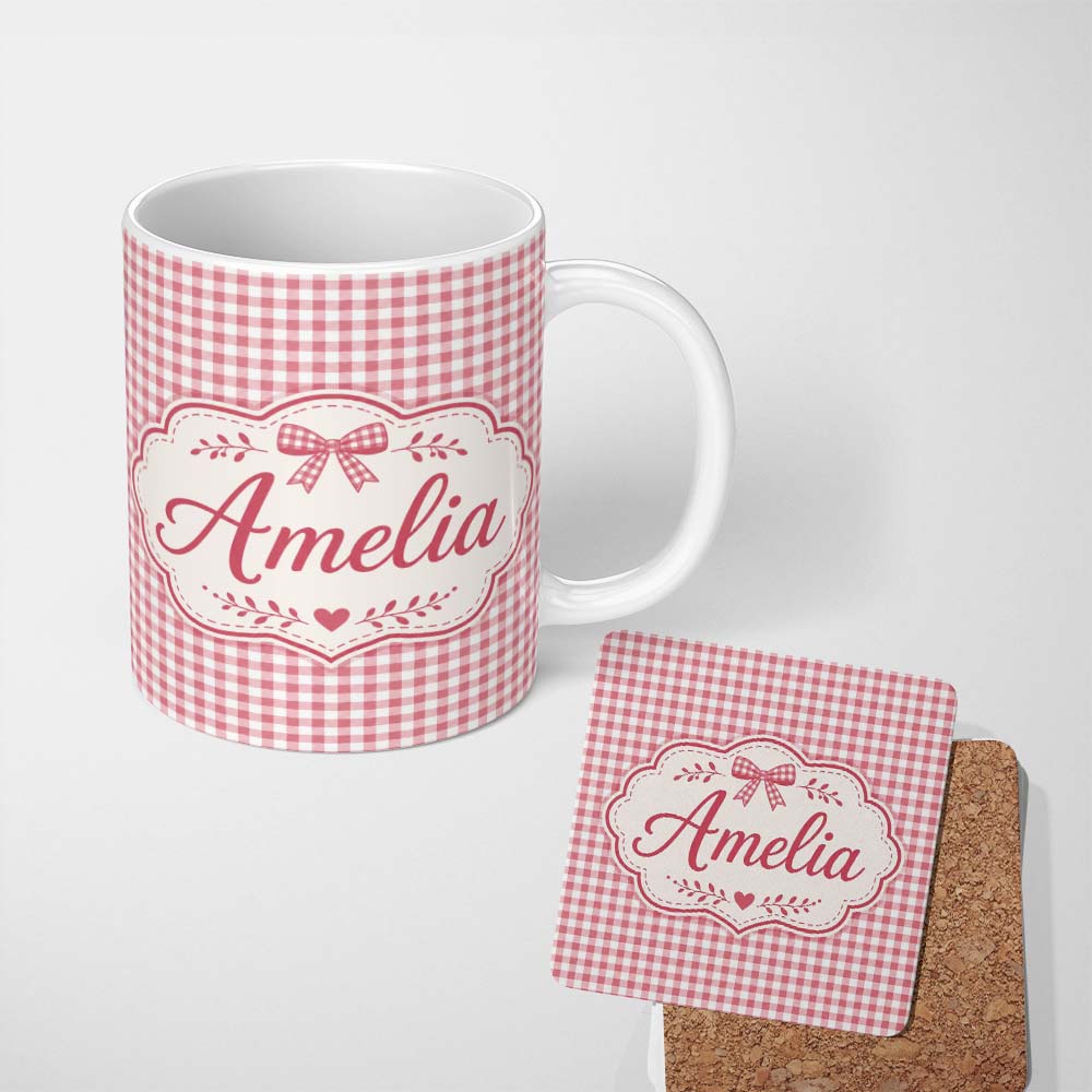 Personalized Custom Name Pink and White Gingham Picnic Style Seamless Pattern Lovely 11oz Ceramic Coffee Tea Mug White Large Handle