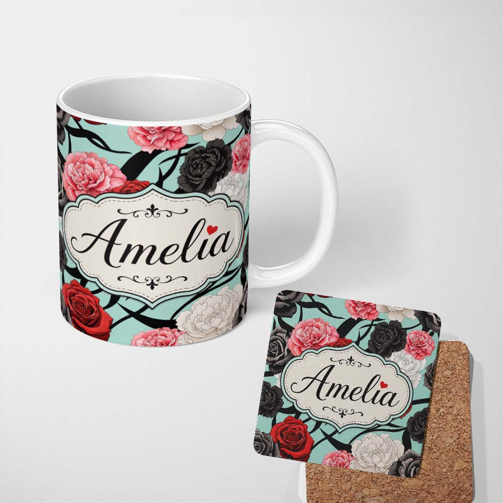 Personalized Custom Name Elegant Rose Floral with Black Red and White Flowers on Teal Lovely 11oz Ceramic Coffee Tea Mug White Large Handle
