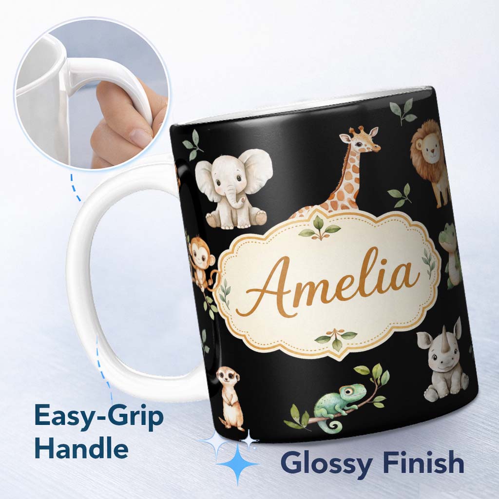 Personalized Custom Name Safari Animals with Elephant Lion and Crocodile on Black Background 11oz Ceramic Coffee Tea Mug White Large Handle