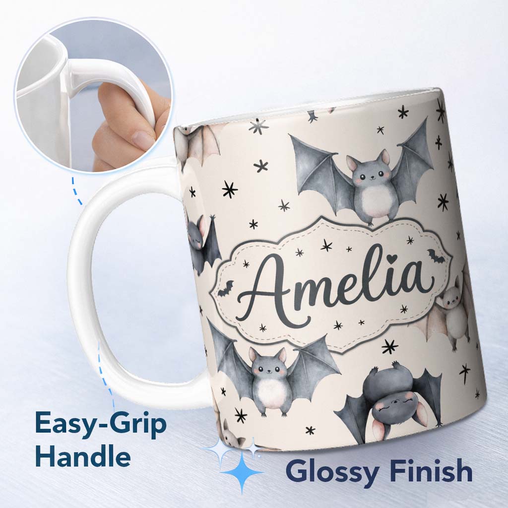 Personalized Custom Name Cute Baby Bats Flying with Stars Soft Beige Background Seamless 11oz Ceramic Coffee Tea Mug White Large Handle