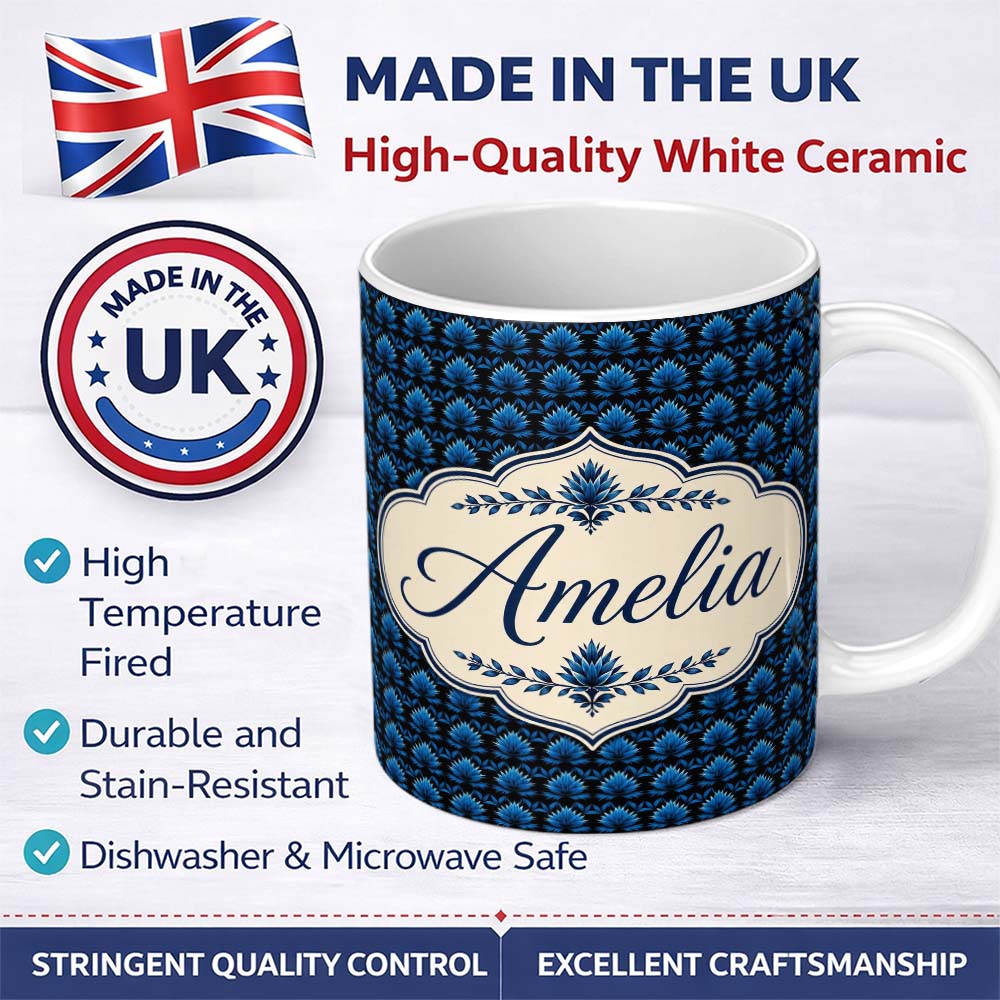 Personalized Custom Name Dark Blue Lotus Flower Repeat Seamless Pattern Beautiful Coffee Cup 11oz Ceramic Coffee Tea Mug White Large Handle