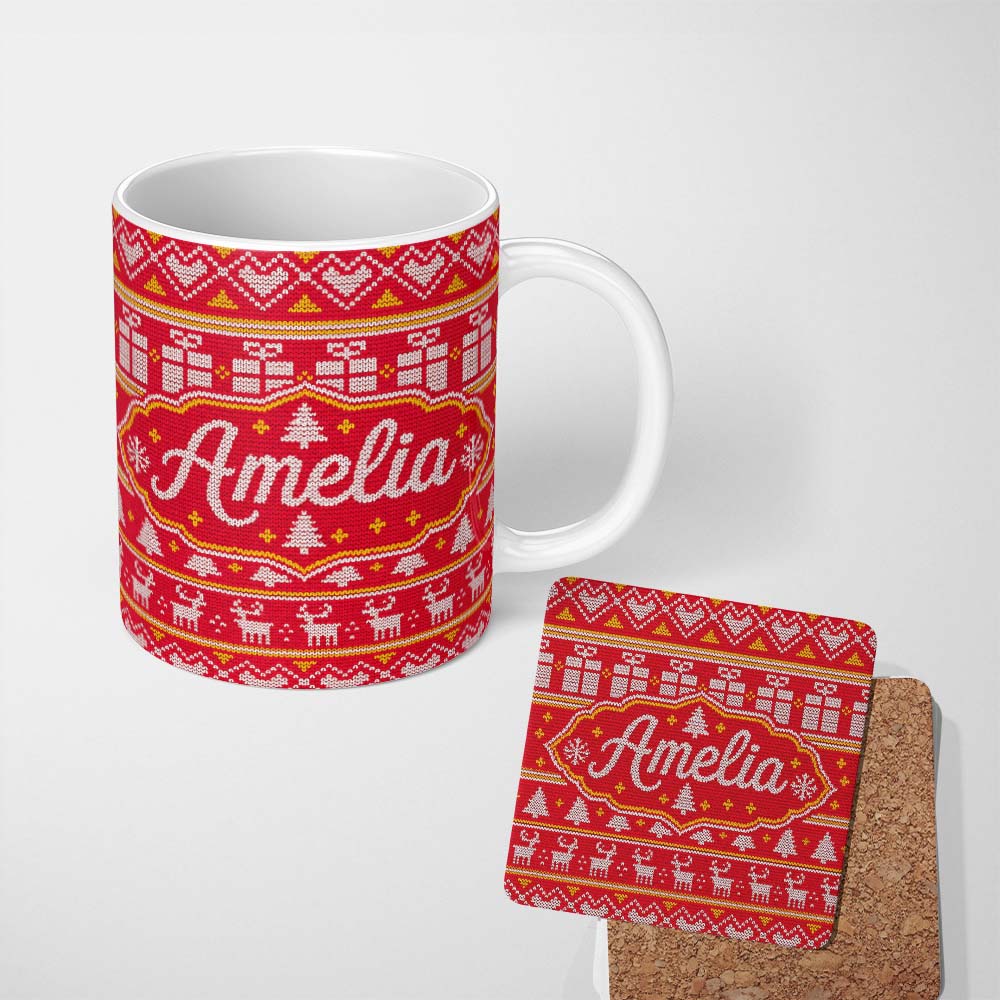 Personalized Custom Name Cute Red Christmas Gift Box Heart Tree Festive Knitted Seamless 11oz Ceramic Coffee Tea Mug White Large Handle