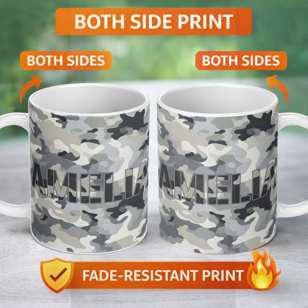 Personalized Custom Name Grey Neutral Camouflage Contemporary Seamless Pattern Lovely 11oz Ceramic Coffee Tea Mug White Large Handle