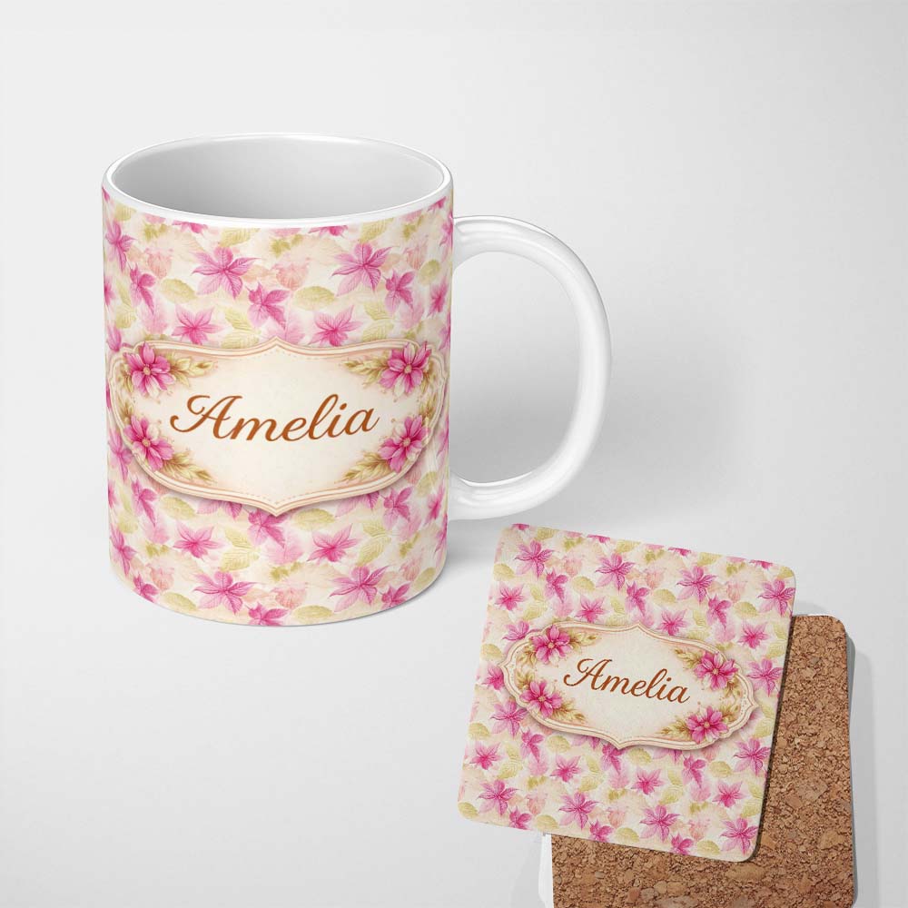 Personalized Custom Name Pink Green Watercolor Leaf Botanical Seamless Pattern Lovely 11oz Ceramic Coffee Tea Mug White Large Handle