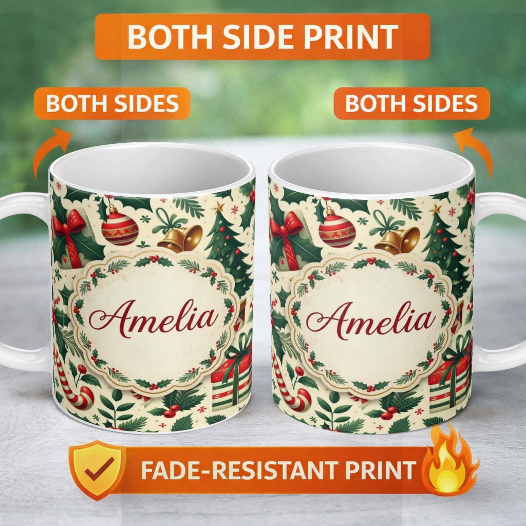 Personalized Custom Name Festive Christmas Stocking Gifts Bells Holly Leaves Seamless Pattern 11oz Ceramic Coffee Tea Mug White Large Handle