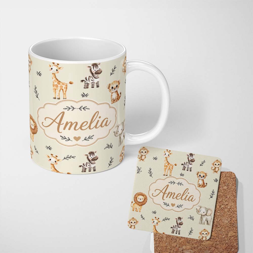 Personalized Custom Name Safari Animals with Elephant Lion and Leopard Cub on Soft Sage 11oz Ceramic Coffee Tea Mug White Large Handle